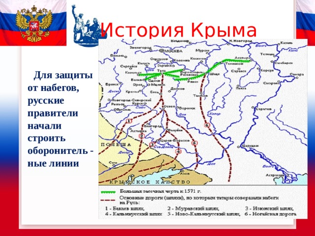  История Крыма  Для защиты от набегов, русские правители начали строить оборонитель - ные линии 