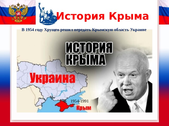 История Крыма В 1954 году Хрущев решил передать Крымскую область Украине 1954-1991 