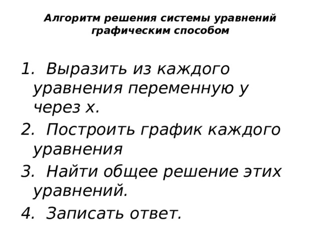 Алгоритм решения системы уравнений графическим способом   1. Выразить из каждого уравнения переменную у через х. 2. Построить график каждого уравнения 3. Найти общее решение этих уравнений. 4. Записать ответ. 