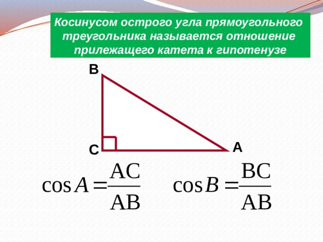 Косинусом острого угла прямоугольного треугольника называется отношение прилежащего катета к гипотенузе B A C 