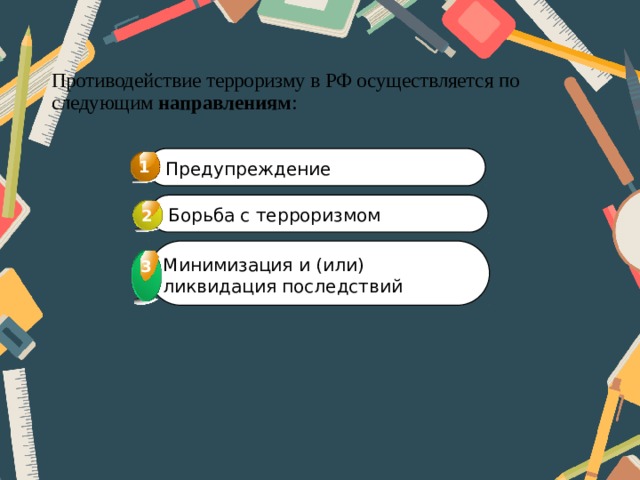   Противодействие терроризму в РФ осуществляется по следующим направлениям : 1 Предупреждение Борьба с терроризмом 2 Минимизация и (или) ликвидация последствий 3 3 