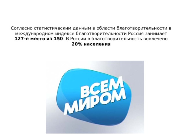 Согласно статистическим данным в области благотворительности в международном индексе благотворительности Россия занимает 127-е место из 150 . В России в благотворительность вовлечено 20% населения 