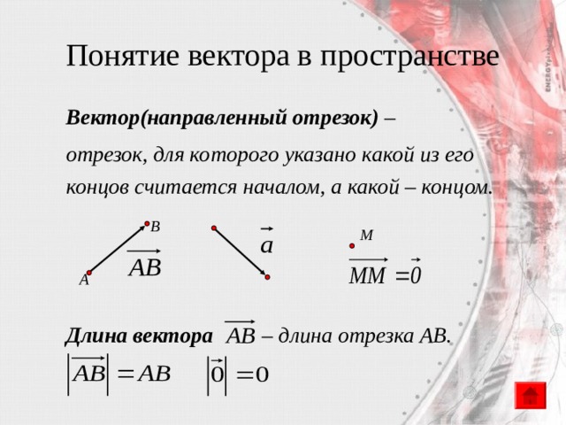 Понятие вектора в пространстве Вектор(направленный отрезок) – отрезок, для которого указано какой из его концов считается началом, а какой – концом.    Длина вектора   – длина отрезка AB.  В M А 