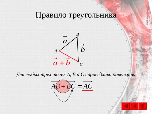 Правило треугольника B А C Для любых трех точек А, В и С справедливо равенство: 