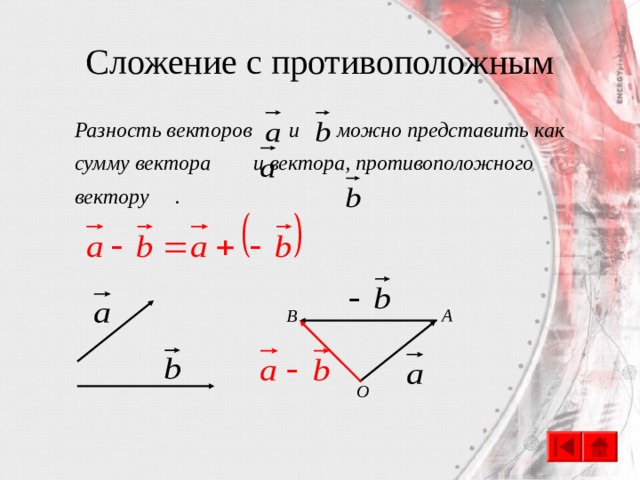 Сложение с противоположным Разность векторов и можно представить как сумму вектора и вектора, противоположного вектору . А B O 