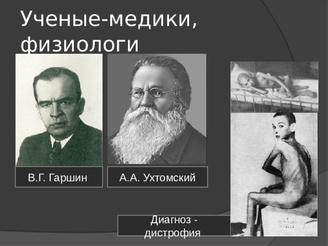 Ученые-медики, физиологи А.А. Ухтомский В.Г. Гаршин Диагноз - дистрофия 