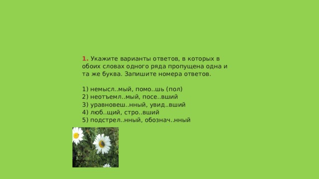 1.  Укажите варианты ответов, в которых в обоих словах одного ряда пропущена одна и та же буква. Запишите номера ответов.   1) немысл..мый, помо..шь (пол)  2) неотъемл..мый, посе..вший  3) уравновеш..нный, увид..вший  4) люб..щий, стро..вший  5) подстрел..нный, обознач..нный 35 