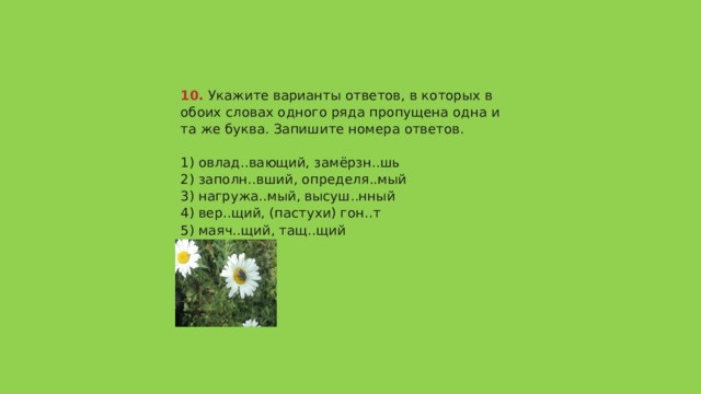 10.  Укажите варианты ответов, в которых в обоих словах одного ряда пропущена одна и та же буква. Запишите номера ответов.   1) овлад..вающий, замёрзн..шь  2) заполн..вший, определя..мый  3) нагружа..мый, высуш..нный  4) вер..щий, (пастухи) гон..т  5) маяч..щий, тащ..щий   Ответ 1345 