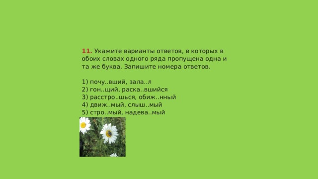 11.  Укажите варианты ответов, в которых в обоих словах одного ряда пропущена одна и та же буква. Запишите номера ответов.   1) почу..вший, зала..л  2) гон..щий, раска..вшийся  3) расстро..шься, обиж..нный  4) движ..мый, слыш..мый  5) стро..мый, надева..мый   Ответ 124 