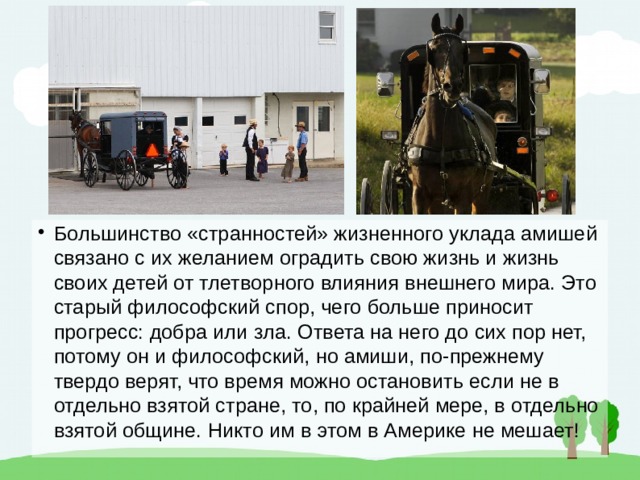 Большинство «странностей» жизненного уклада амишей связано с их желанием оградить свою жизнь и жизнь своих детей от тлетворного влияния внешнего мира. Это старый философский спор, чего больше приносит прогресс: добра или зла. Ответа на него до сих пор нет, потому он и философский, но амиши, по-прежнему твердо верят, что время можно остановить если не в отдельно взятой стране, то, по крайней мере, в отдельно взятой общине. Никто им в этом в Америке не мешает! 