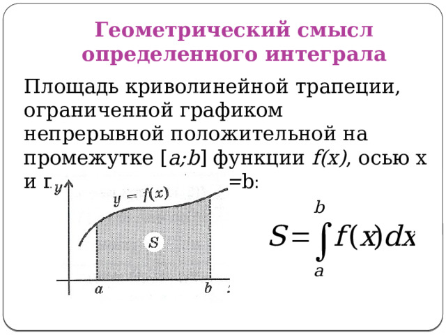 Геометрический смысл  определенного интеграла Площадь криволинейной трапеции, ограниченной графиком непрерывной положительной на промежутке [ a;b ] функции f(x) , осью x и прямыми x=a и x= b : 