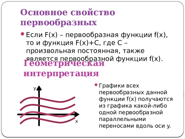 Основное свойство первообразных Если F(x) – первообразная функции f(x), то и функция F(x)+C, где C – произвольная постоянная, также является первообразной функции f(x). Геометрическая интерпретация Графики всех первообразных данной функции f(x) получаются из графика какой-либо одной первообразной параллельными переносами вдоль оси y. y x 