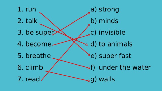 run talk be super become breathe climb read strong minds invisible to animals super fast under the water walls 