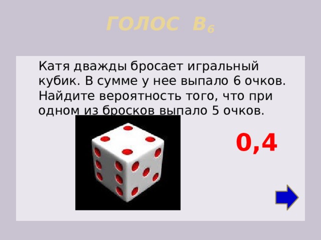 ГОЛОС В 6    Катя дважды бросает игральный кубик. В сумме у нее выпало 6 очков. Найдите вероятность того, что при одном из бросков выпало 5 очков. 0,4 