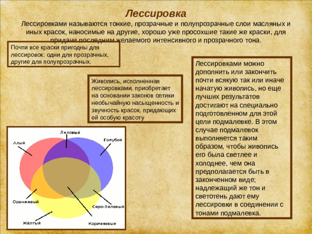 Лессировка  Лессировками называются тонкие, прозрачные и полупрозрачные слои масляных и иных красок, наносимые на другие, хорошо уже просохшие такие же краски, для придачи последним желаемого интенсивного и прозрачного тона .   Почти все краски пригодны для лессировок: одни для прозрачных, другие для полупрозрачных. Лессировками можно дополнить или закончить почти всякую так или иначе начатую живопись, но еще лучших результатов достигают на специально подготовленном для этой цели подмалевке. В этом случае подмалевок выполняется таким образом, чтобы живопись его была светлее и холоднее, чем она предполагается быть в законченном виде; надлежащий же тон и светотень дают ему лессировки в соединении с тонами подмалевка. Живопись, исполненная лессировками, приобретает на основании законов оптики необычайную насыщенность и звучность красок, придающих ей особую красоту 