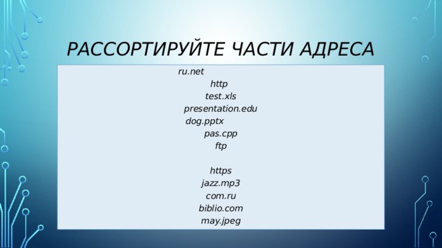 Рассортируйте части адреса ru.net  http  test.xls presentation.edu dog.pptx pas.cpp ftp  https jazz.mp3 com.ru biblio.com may.jpeg 