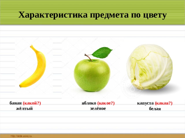 Характеристика предмета по цвету банан (какой ? ) жёлтый яблоко (какое ? ) зелёное капуста (какая?) белая 
