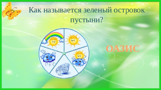 Как называется зеленый островок пустыни? Вот пустыня, но и тут Озеро бывает, Где и путник, и верблюд Жажду утоляют. ОАЗИС 