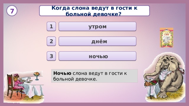 Когда слона ведут в гости к больной девочке? 7 утром 1  днём 2  ночью 3 Ночью слона ведут в гости к больной девочке. 