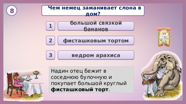  Чем немец заманивает слона в дом? 8 большой связкой бананов 1 фисташковым тортом 2 ведром арахиса 3 Надин отец бежит в соседнюю булочную и покупает большой круглый фисташковый торт . 