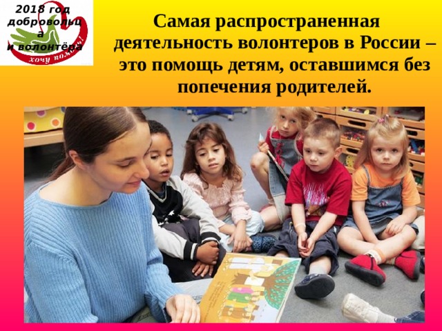 2018 год  добровольца  и волонтёра Самая распространенная деятельность волонтеров в России – это помощь детям, оставшимся без попечения родителей. 