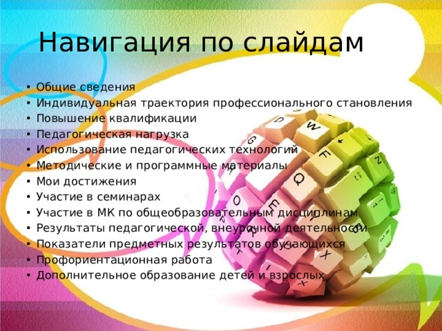Навигация по слайдам Общие сведения Индивидуальная траектория профессионального становления Повышение квалификации Педагогическая нагрузка Использование педагогических технологий Методические и программные материалы Мои достижения Участие в семинарах Участие в МК по общеобразовательным дисциплинам Результаты педагогической, внеурочной деятельности Показатели предметных результатов обучающихся Профориентационная работа Дополнительное образование детей и взрослых 
