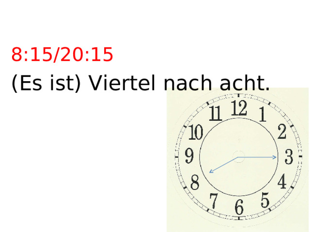 8:15/20:15 (Es ist) Viertel nach acht. 