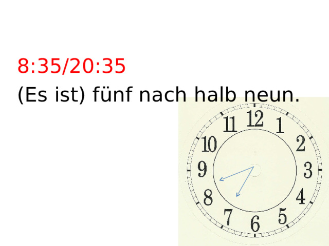 8:35/20:35 (Es ist) fünf nach halb neun. 