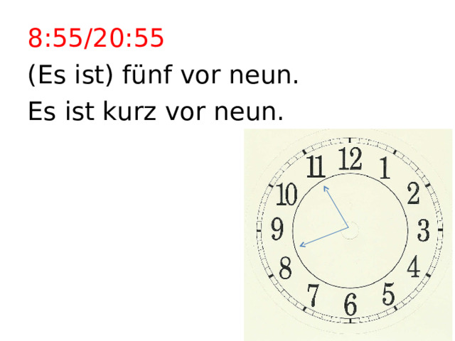 8:55/20:55 (Es ist) fünf vor neun. Es ist kurz vor neun. 