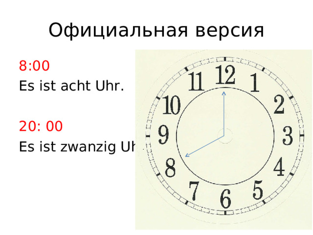 Официальная версия 8:00 Es ist acht Uhr. 20: 00 Es ist zwanzig Uhr. 