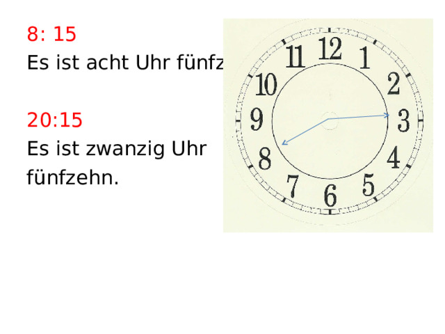 8: 15 Es ist acht Uhr fünfzehn. 20:15 Es ist zwanzig Uhr fünfzehn. 