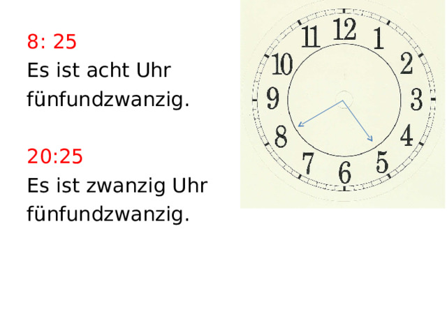 8: 25 Es ist acht Uhr fünfundzwanzig. 20:25 Es ist zwanzig Uhr fünfundzwanzig. 