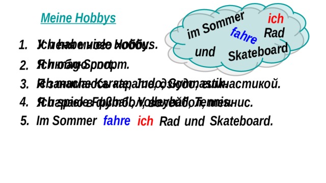 im Sommer fahre Skateboard Meine Hobbys ich Rad Ich habe viele Hobbys. У меня много хобби. 1. und Я люблю спорт. Ich mag Sport. 2. Ich mache Karate, Judo, Gymnastik. Я занимаюсь карате, дзюдо, гимнастикой. 3. 4. Ich spiele Fußball, Volleyball, Tennis. Я играю в футбол, волейбол, теннис. Im Sommer 5. fahre Skateboard. ich Rad und 