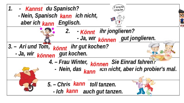  - ... du Spanisch?  - Nein, Spanisch ... ich nicht,  2. - ... ihr jonglieren?  aber ich ... Englisch.  - Ja, wir ... gut jonglieren. 3. – Ari und Tom, ... ihr gut kochen?  - Ja, wir ... gut kochen.  4. – Frau Winter, ... Sie Einrad fahren?  - Nein, das ... ich nicht, aber ich probier's mal.  5. – Chris ... toll tanzen.  - Ich ... auch gut tanzen. Kannst kann kann Könnt können könnt können können kann kann kann 