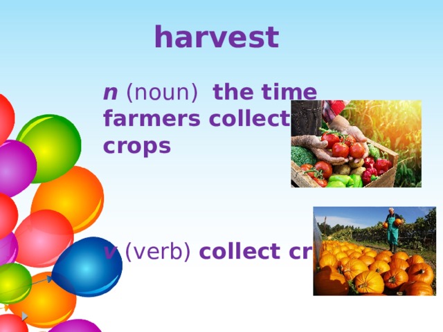 harvest  n (noun) the time farmers collect their crops   v (verb) collect crops 