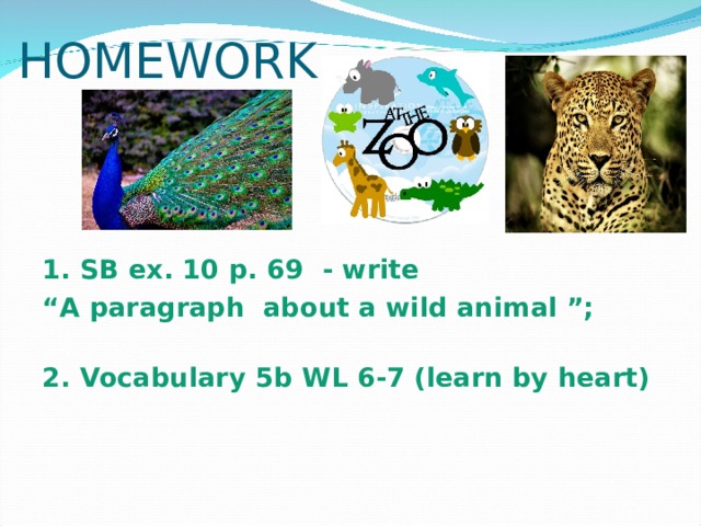 HOMEWORK 1. SB ex. 10 p. 69 - write “ A paragraph about a wild animal ”; 2. Vocabulary 5b WL 6-7 (learn by heart)  