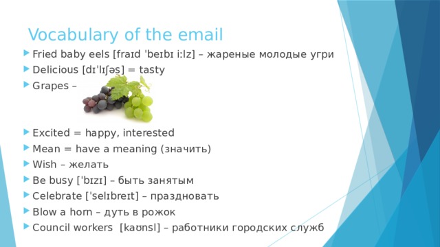 Vocabulary of the email Fried baby eels [fraɪd ˈbeɪbɪ iːlz] – жареные молодые угри Delicious [dɪˈlɪʃəs] = tasty Grapes – Excited = happy, interested Mean = have a meaning (значить) Wish – желать Be busy [ˈbɪzɪ] – быть занятым Celebrate [ˈselɪbreɪt] – праздновать Blow a horn – дуть в рожок Council workers [kaʊnsl] – работники городских служб 