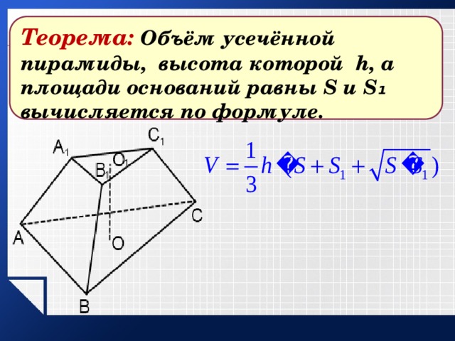 Теорема:  Объём усечённой пирамиды, высота которой h, а площади оснований равны S и S₁ вычисляется по формуле. 