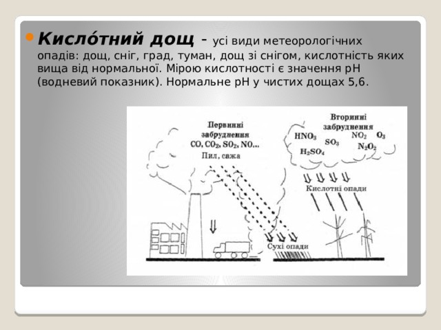 Кисло́тний дощ - усі види метеорологічних опадів: дощ, сніг, град, туман, дощ зі снігом, кислотність яких вища від нормальної. Мірою кислотності є значення рН (водневий показник). Нормальне pH у чистих дощах 5,6. 