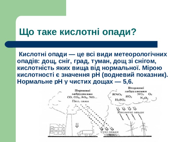 Що таке кислотні опади?  Кислотні опади — це всі види метеорологічних опадів:  дощ ,  сніг ,  град , туман, дощ зі снігом, кислотність яких вища від нормальної. Мірою кислотності є значення  рН  (водневий показник). Нормальне pH у чистих дощах — 5,6.  