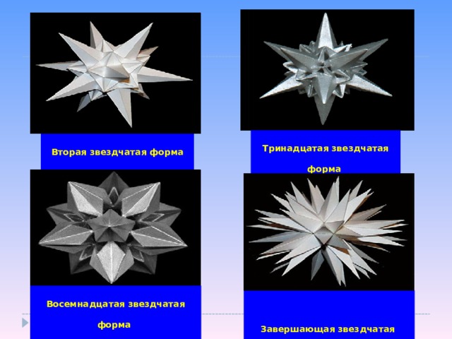 Тринадцатая звездчатая форма Икосаэдра Вторая звездчатая форма икосаэдра Восемнадцатая звездчатая форма Икосододекаэдра Завершающая звездчатая форма икосаэдра 