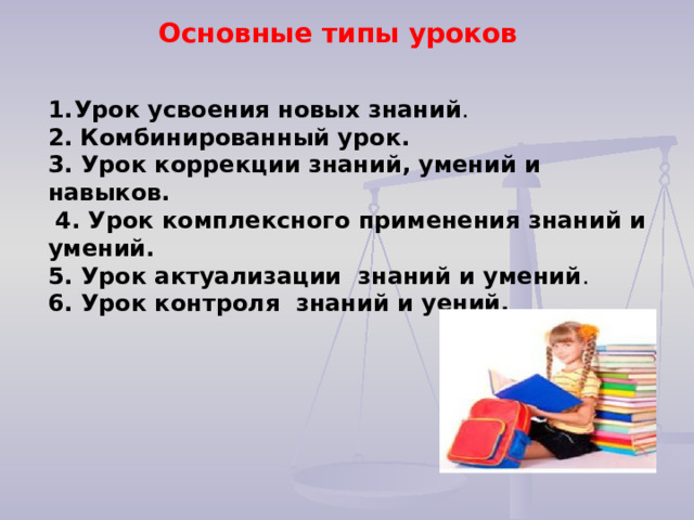 Основные типы уроков     Урок усвоения новых знаний . 2.  Комбинированный урок. 3. Урок коррекции знаний, умений и навыков.   4. Урок комплексного применения знаний и умений.   5. Урок актуализации знаний и умений .  6. Урок контроля знаний и уений. 