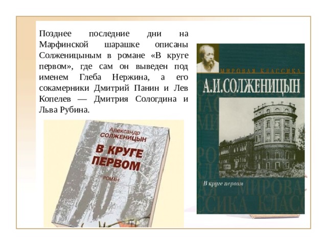 Позднее последние дни на Марфинской шарашке описаны Солженицыным в романе «В круге первом», где сам он выведен под именем Глеба Нержина, а его сокамерники Дмитрий Панин и Лев Копелев — Дмитрия Сологдина и Льва Рубина. 