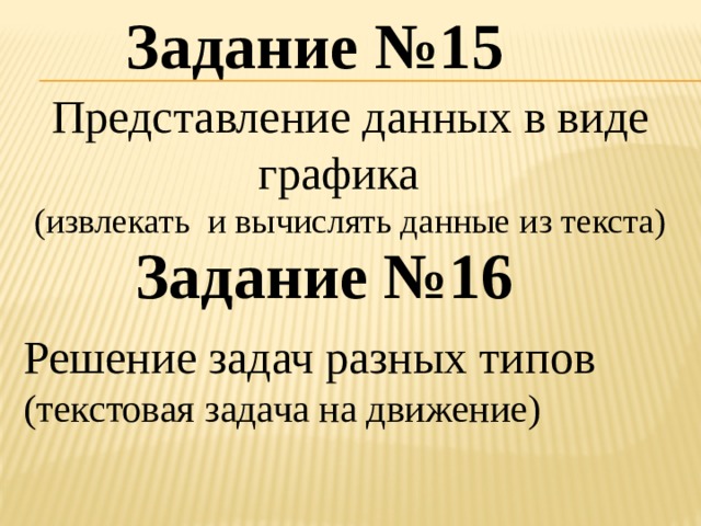 Задание №15 Представление данных в виде графика (извлекать и вычислять данные из текста) Задание №16 Решение задач разных типов (текстовая задача на движение) 