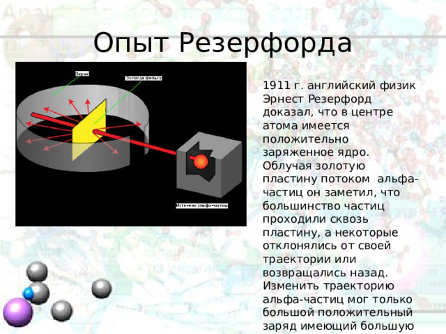 Опыт Резерфорда 1911 г. английский физик Эрнест Резерфорд доказал, что в центре атома имеется положительно заряженное ядро. Облучая золотую пластину потоком альфа-частиц он заметил, что большинство частиц проходили сквозь пластину, а некоторые отклонялись от своей траектории или возвращались назад. Изменить траекторию альфа-частиц мог только большой положительный заряд имеющий большую массу. 