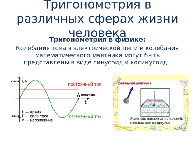Тригонометрия в различных сферах жизни человека Тригонометрия в физике: Колебания тока в электрической цепи и колебания математического маятника могут быть представлены в виде синусоид и косинусоид. 