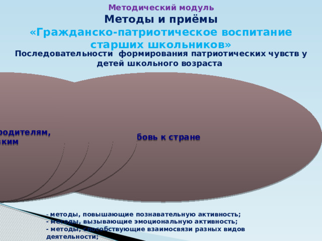 Методический модуль Методы и приёмы «Гражданско-патриотическое воспитание старших школьников» Последовательности формирования патриотических чувств у детей школьного возраста Любовь к стране Любовь к родному городу Любовь к родному краю Любовь к Любовь к родителям, близким - методы, повышающие познавательную активность;  - методы, вызывающие эмоциональную активность;  - методы, способствующие взаимосвязи разных видов деятельности; 