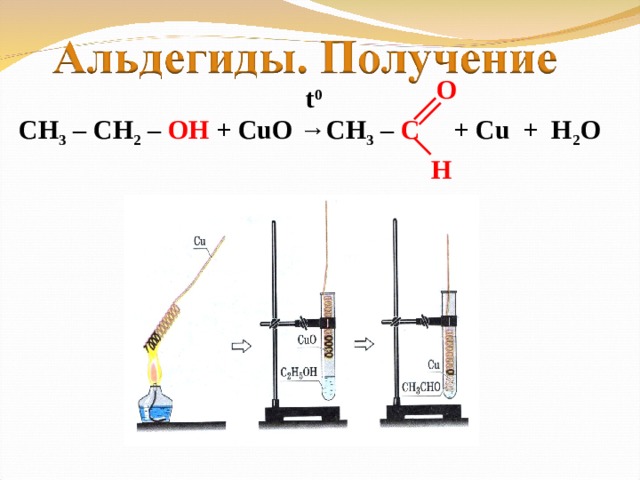 O t 0 CH 3 – CH 2 – OH + CuO →CH 3 – C  + Cu + H 2 O H