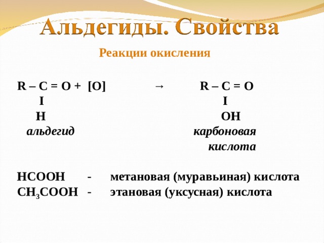 Реакции окисления R – C = O +  [O]  →  R – C = O  Ι    Ι  H  OH  альдегид карбоновая  кислота  НСООН - метановая (муравьиная) кислота СН 3 СООН - этановая (уксусная) кислота 11