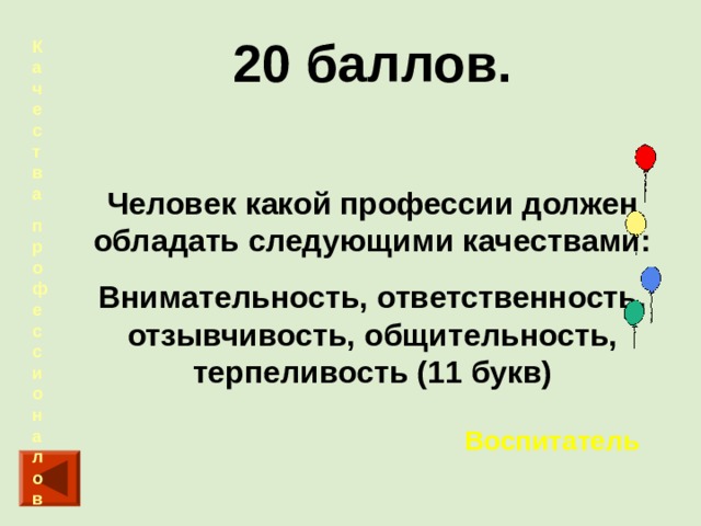 20 баллов.  Человек какой профессии должен обладать следующими качествами: Внимательность, ответственность, отзывчивость, общительность, терпеливость (11 букв) Качества профессионалов   Воспитатель 